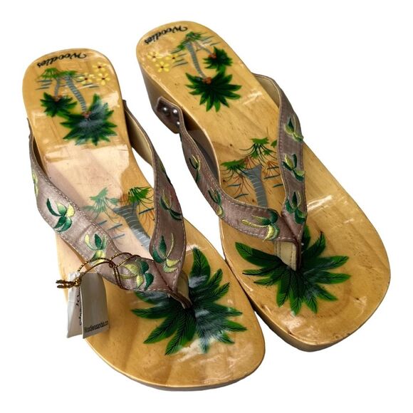 Woodies Vintage Shoes Wooden Wedge Sandals HAND PAINTED PALM TREES Clogs Sz 6 - Picture 10 of 15